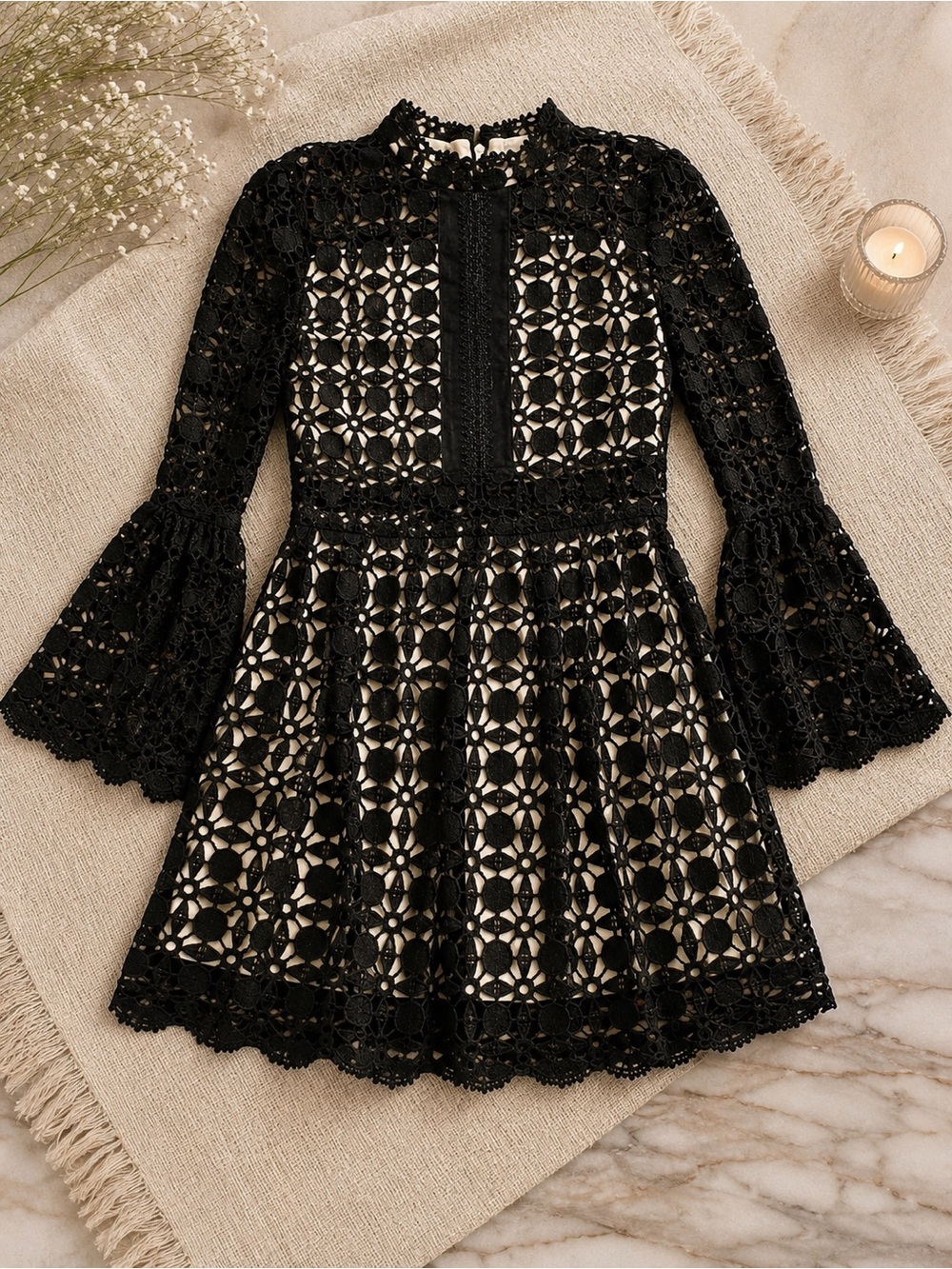Black Lace Mini Dress with Bell Sleeves - Picture 5 of 5